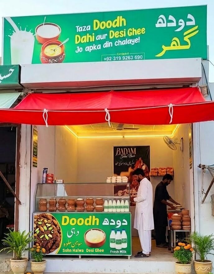 Doodh Ghar shop front at night on Kot Addu Road